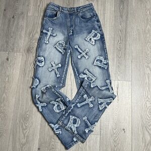 Racer Worldwide Jeans Womens 28 Denim‎ Straight Leg Letter Cross Patch Y2K Goth
